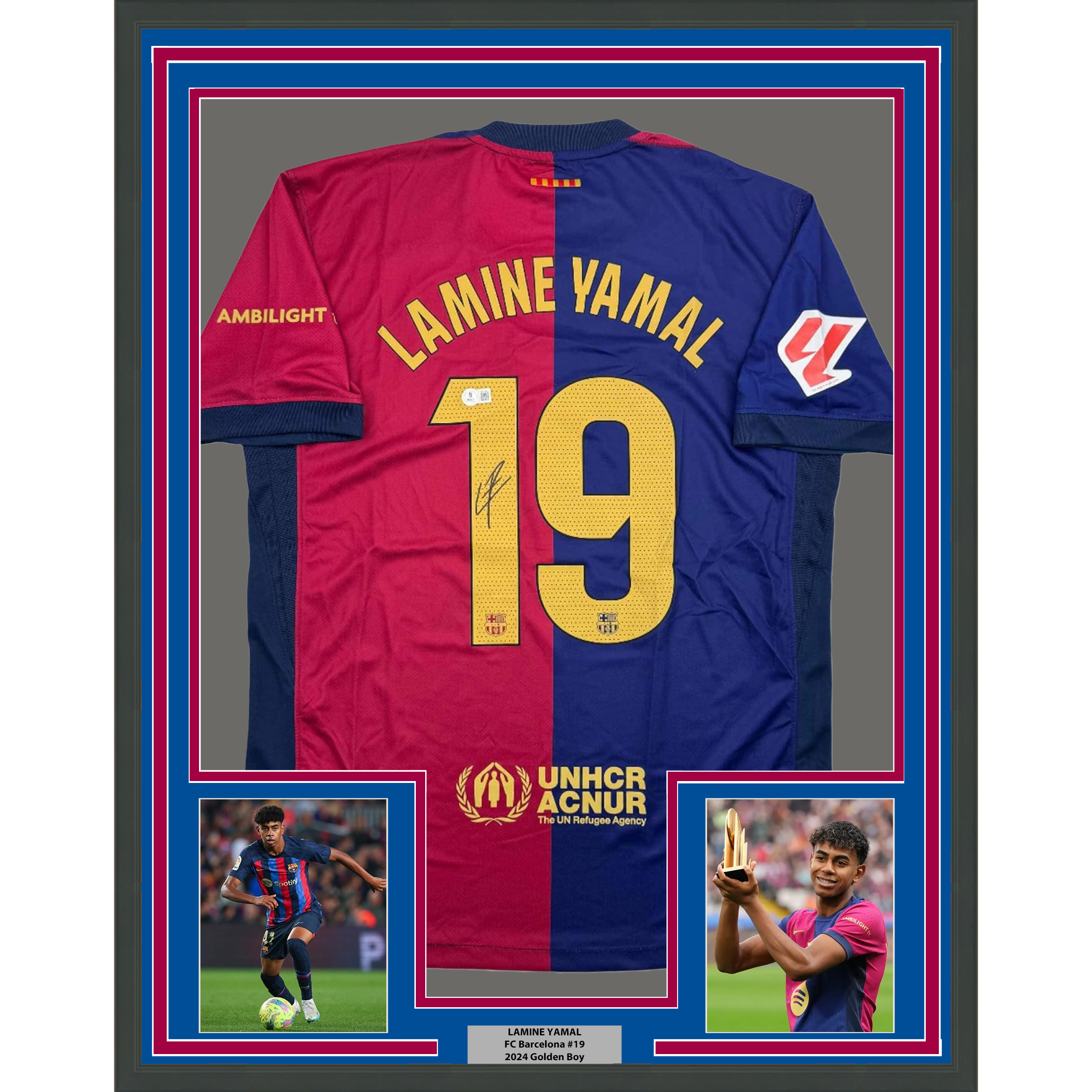 Framed Autographed/Signed Lamine Yamal 35x39 FC Barcelona Blue Soccer Jersey Beckett BAS COA