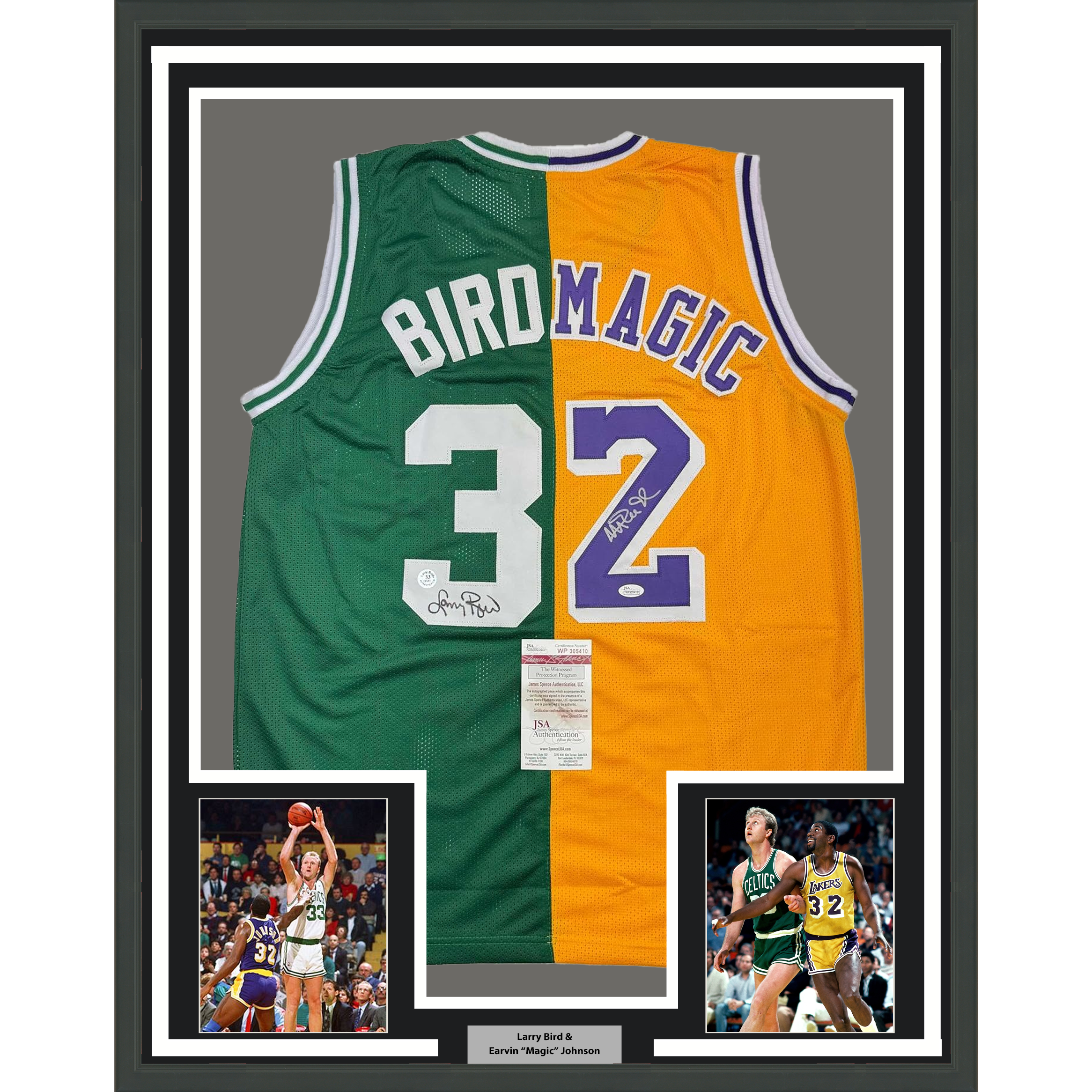 Framed Autographed/Signed Larry Bird &amp;amp; Magic Johnson 35x39 Dual Basketball Jersey JSA COA