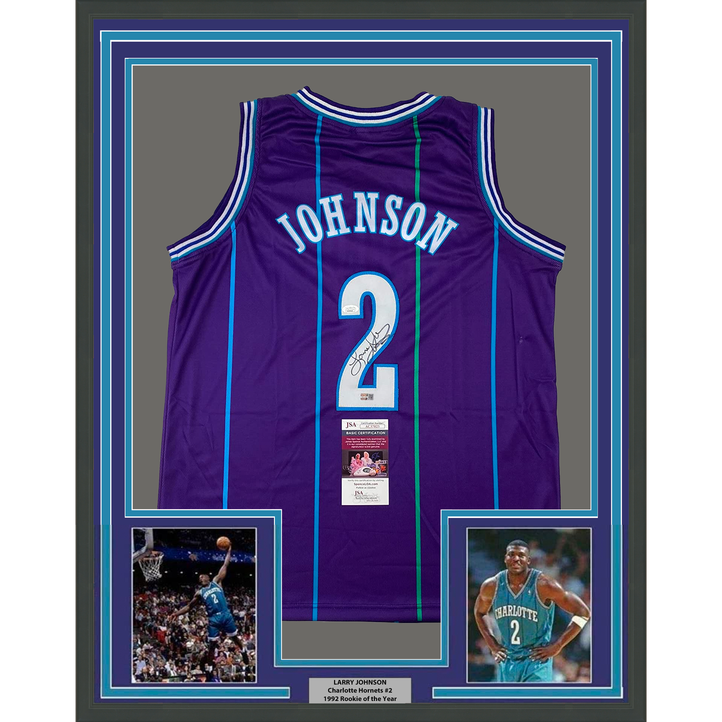 Framed Autographed/Signed Larry Johnson 35x39 Charlotte Purple Basketball Jersey JSA COA