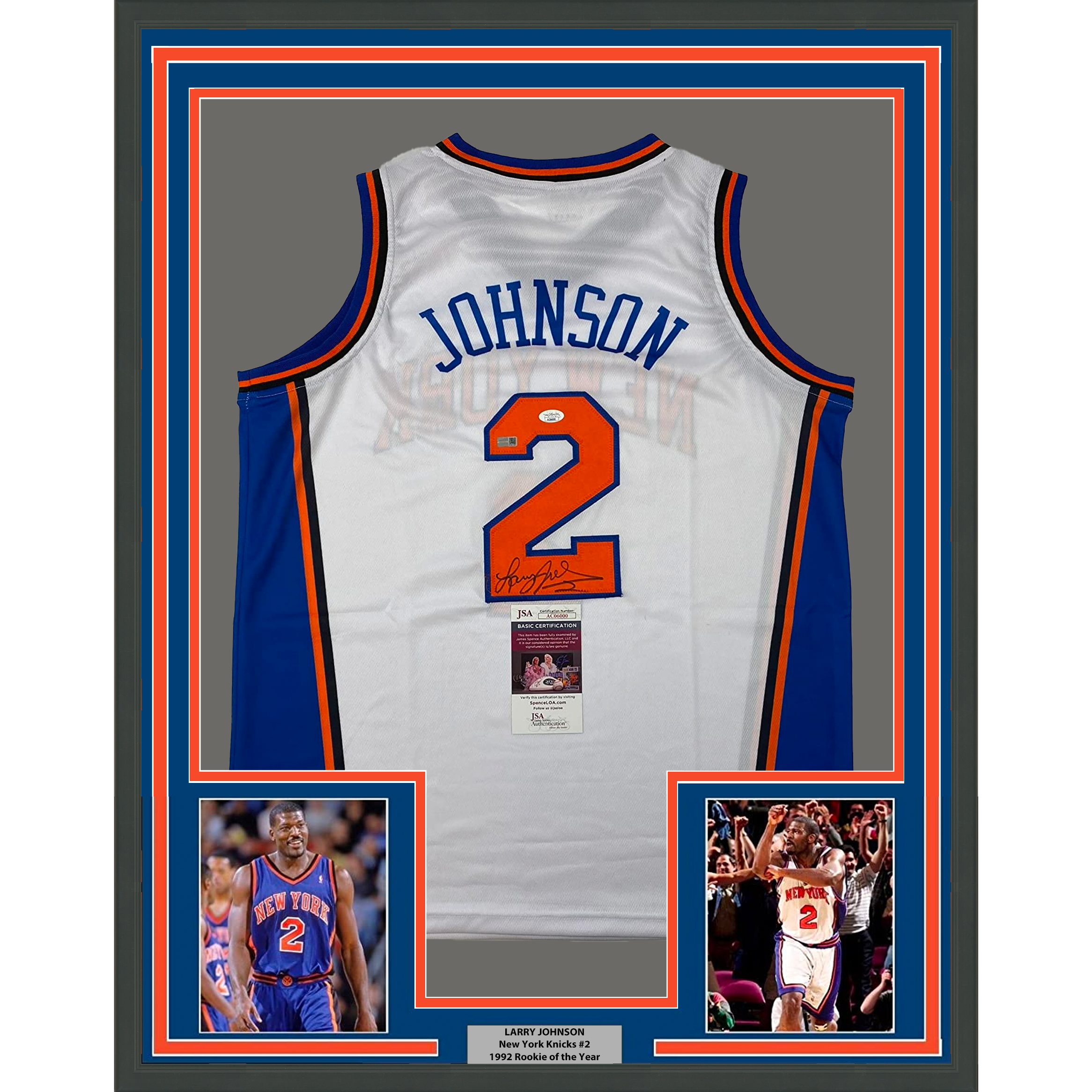 Framed Autographed/Signed Larry Johnson 35x39 New York White Basketball Jersey JSA COA