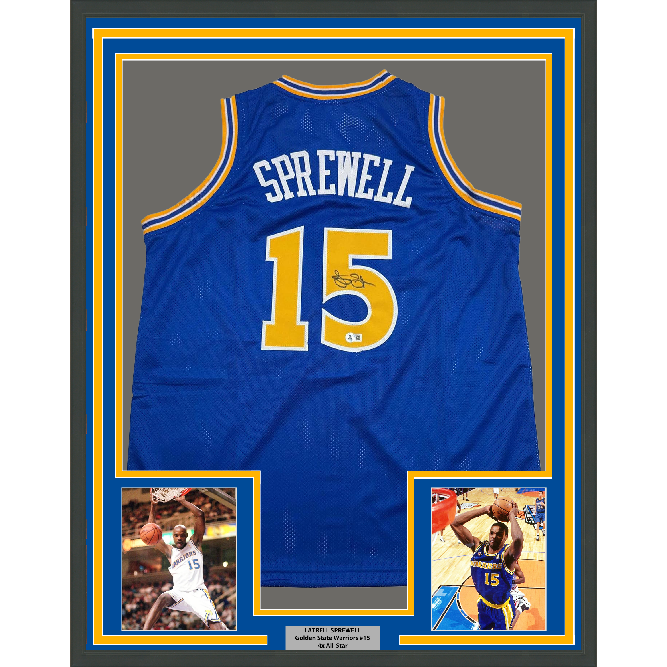 Framed Autographed/Signed Latrell Sprewell 35x39 Golden State Blue Basketball Jersey Beckett BAS COA