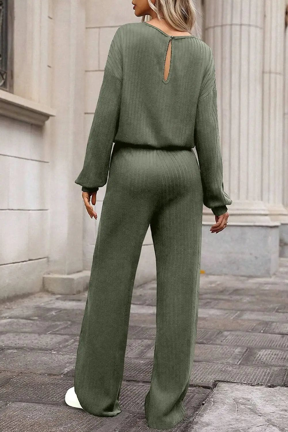 Love Salve Green Ribbed Jumpsuit Women&amp;#39;s Daily Wear Wide Leg Keyhole Back Jumpsuit - High Waist, Winter
