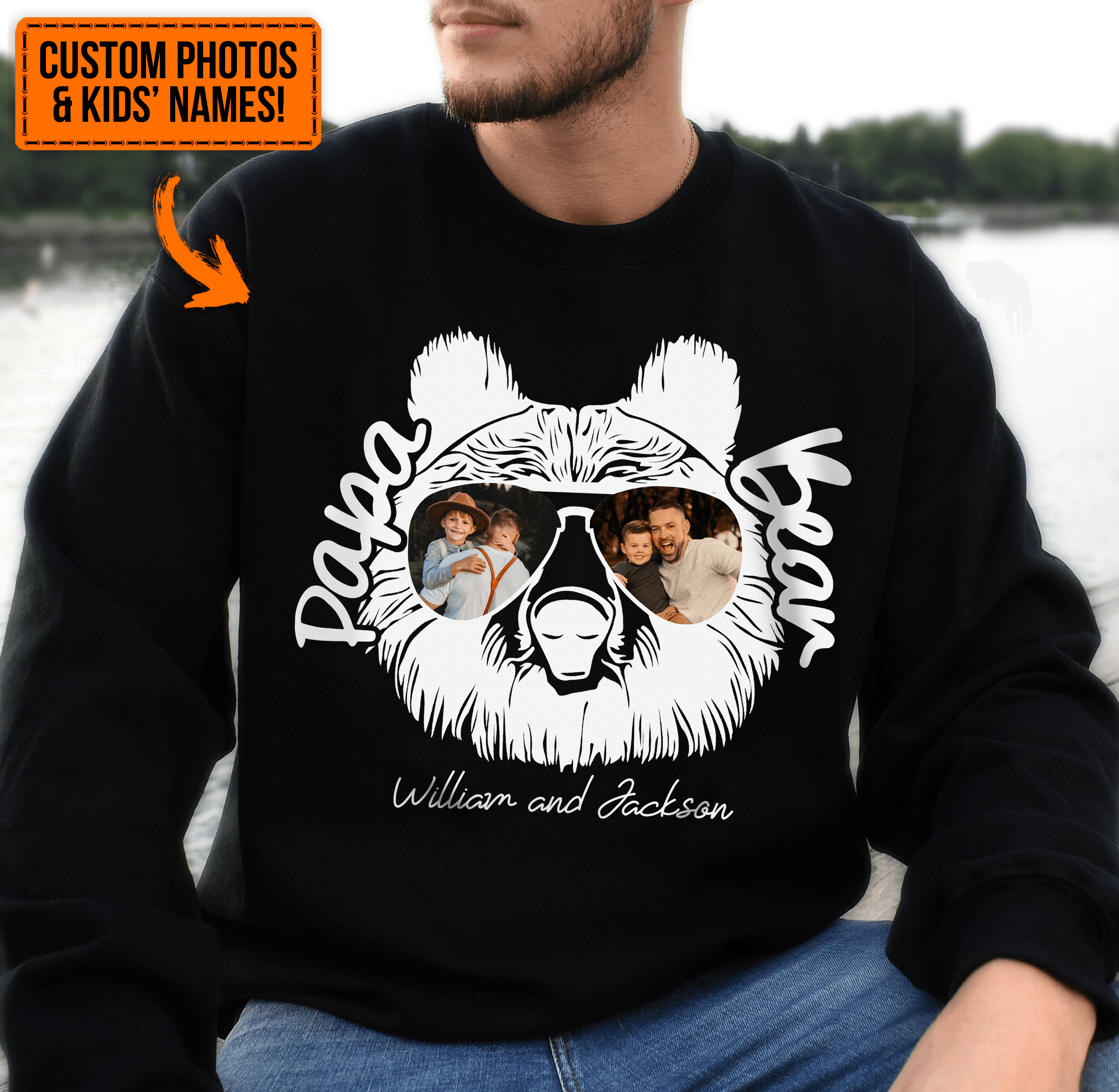 Custom Photo - Papa Bear Sunglasses - Funny Fathers Day Personalized Custom T Shirt - Birthday, Loving, Funny Gift for Grandfather/Dad/Father, Husband, Grandparent