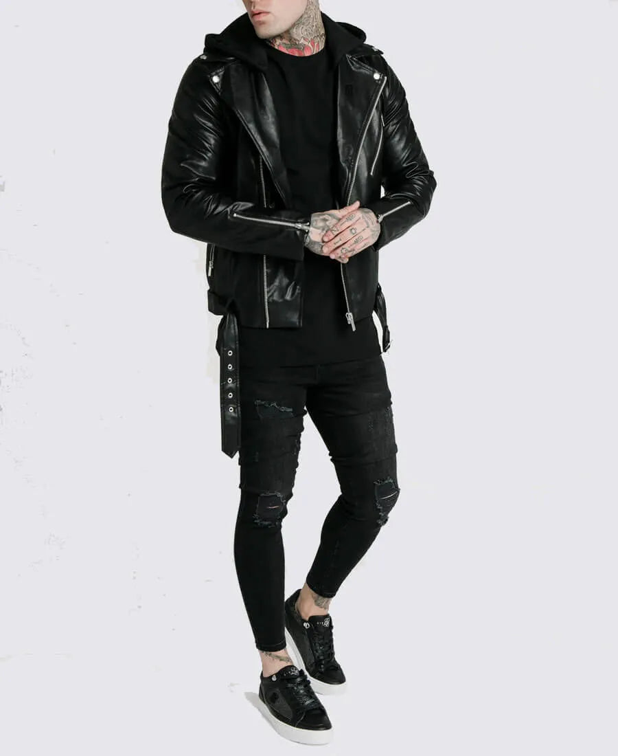 Leon Black Shearling Asymmetrical Hooded Biker Leather Jacket