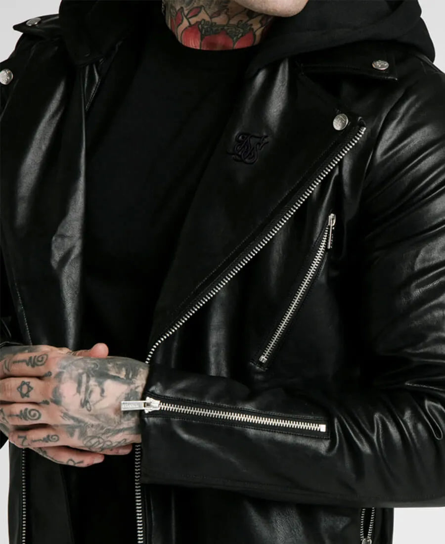 Leon Black Shearling Asymmetrical Hooded Biker Leather Jacket