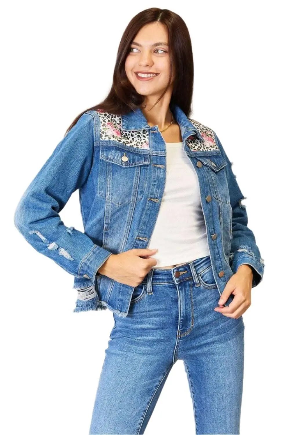 Trendsi Jeans &amp;amp; Denim - Premium Leopard floral distressed jacket