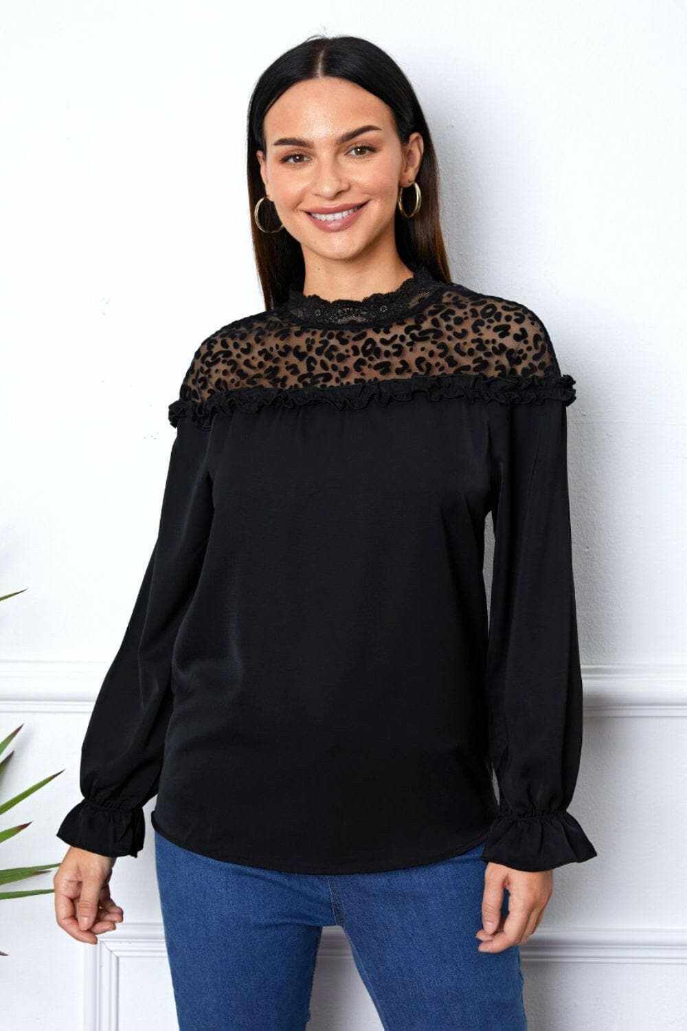 Leopard frill sleeve blouse