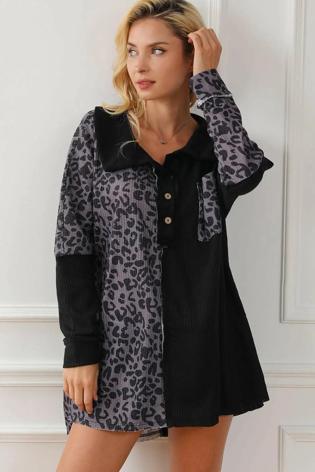 Trendsi Blouses - Trendsi Leopard print half-button blouse