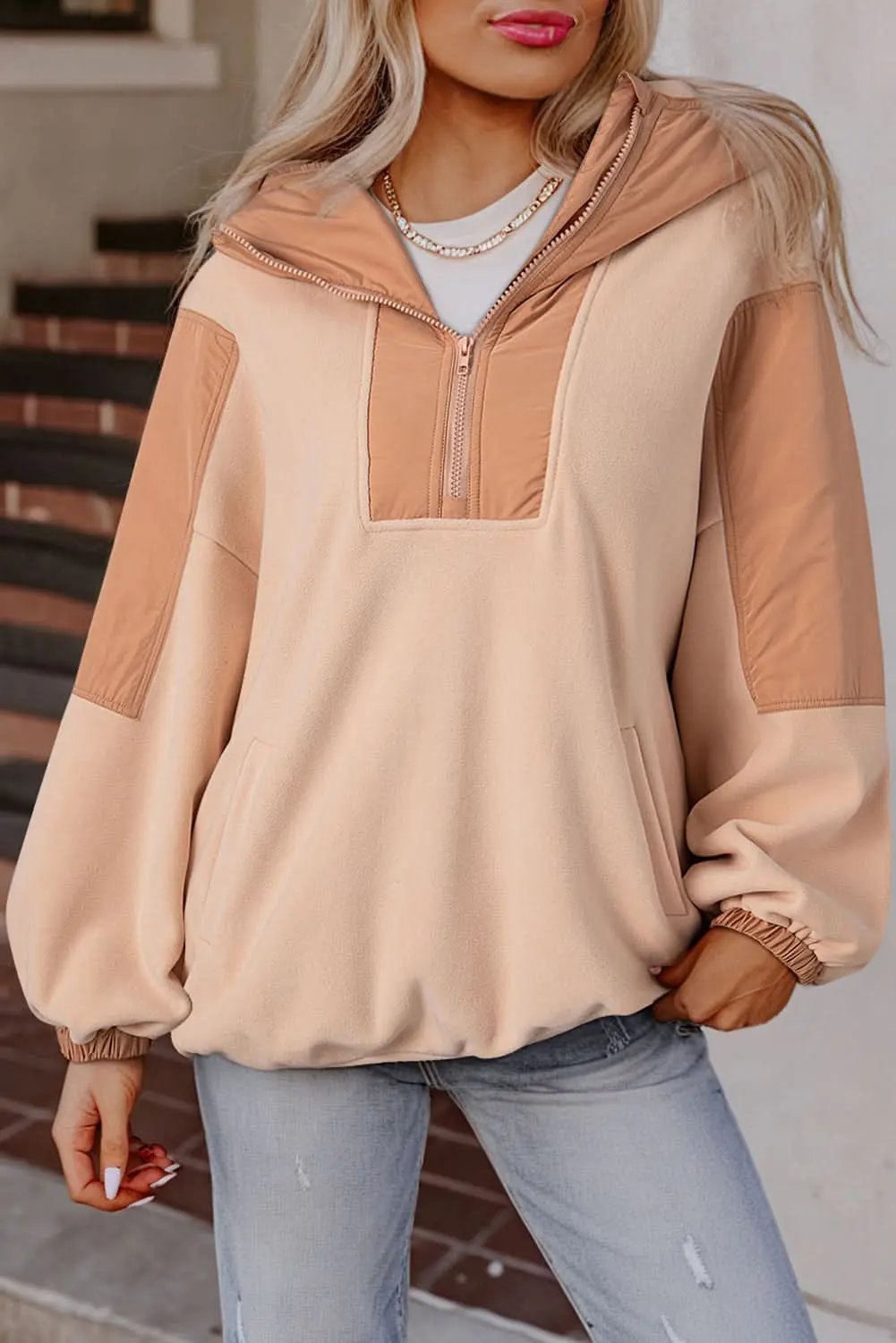 Love Salve Beige Colorblock Sherpa Women&amp;#39;s Oversized Hoodie: Winter Casual, Half Zip