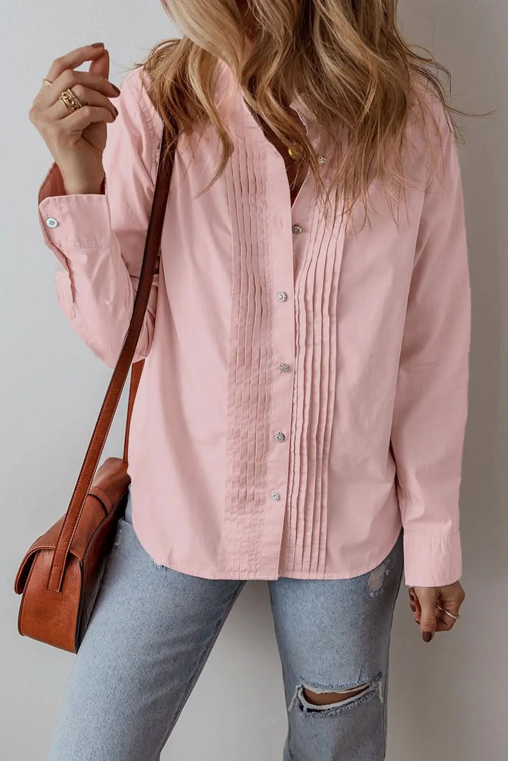 Love Salve Pink Cotton Linen Shirt Women&amp;#39;s Daily Casual Top - Pleated, Loose Fit
