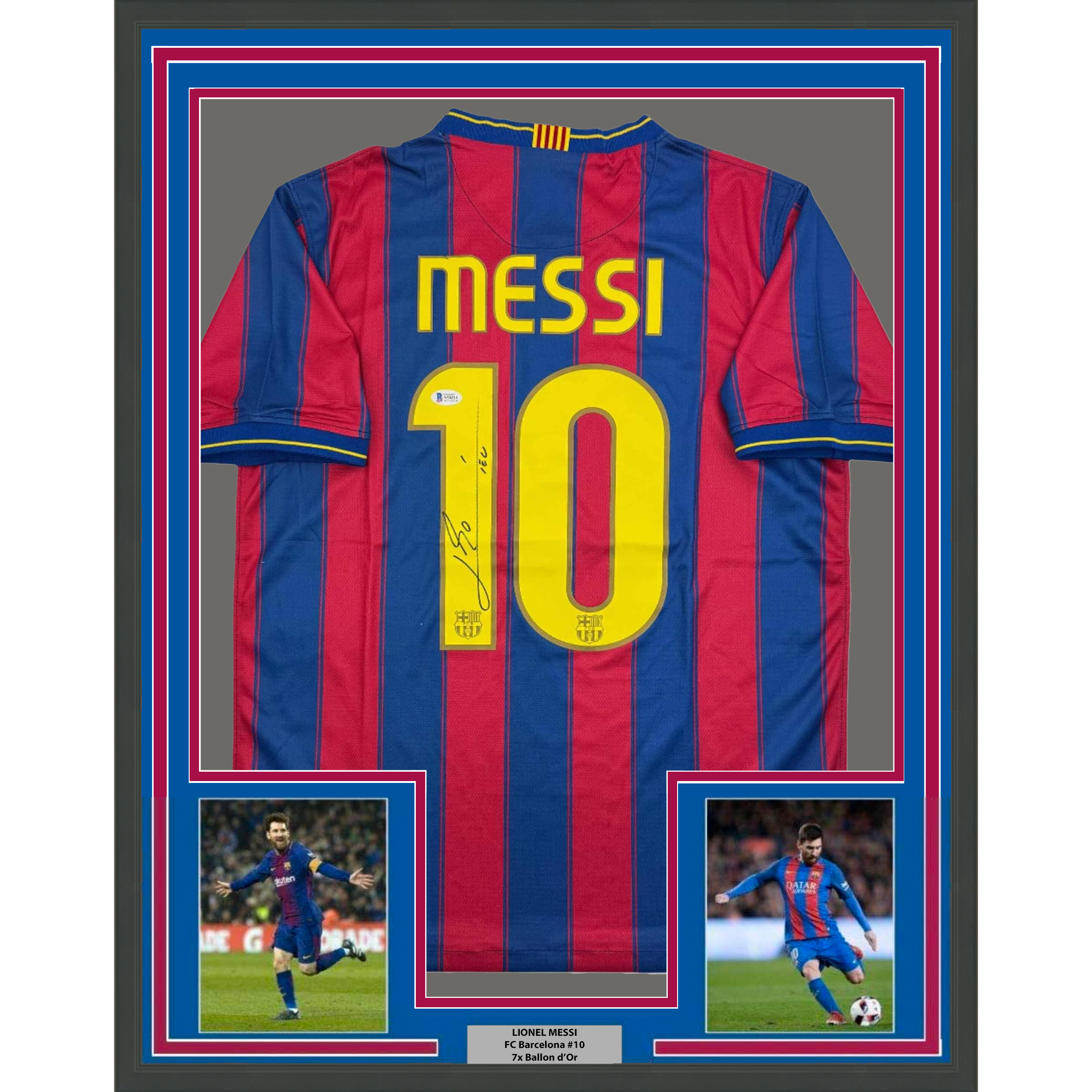 Framed Autographed/Signed Lionel Leo Messi 35x39 FC Barcelona Soccer Jersey Beckett BAS COA