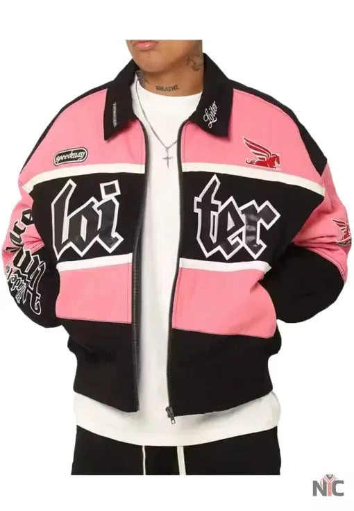 Loiter Racing Pink And Black Varsity Jacket