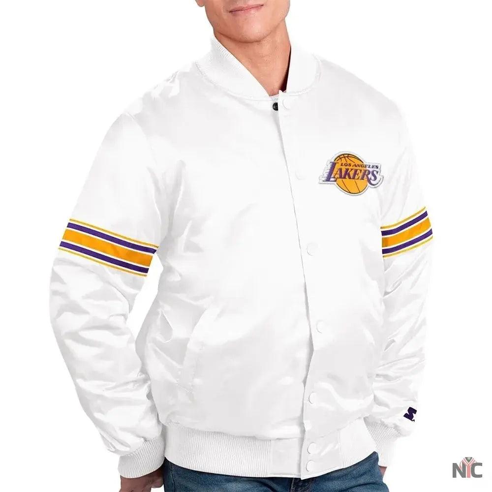 Los Angeles Lakers Power Forward White Satin Varsity Jacket
