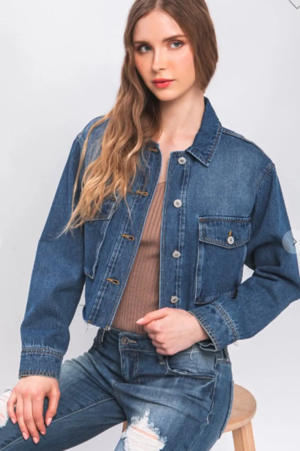 Trendsi Love Tree Denim Jacket Women&amp;#39;s Cropped Raw Hem Button Up Outerwear - Trendy Style