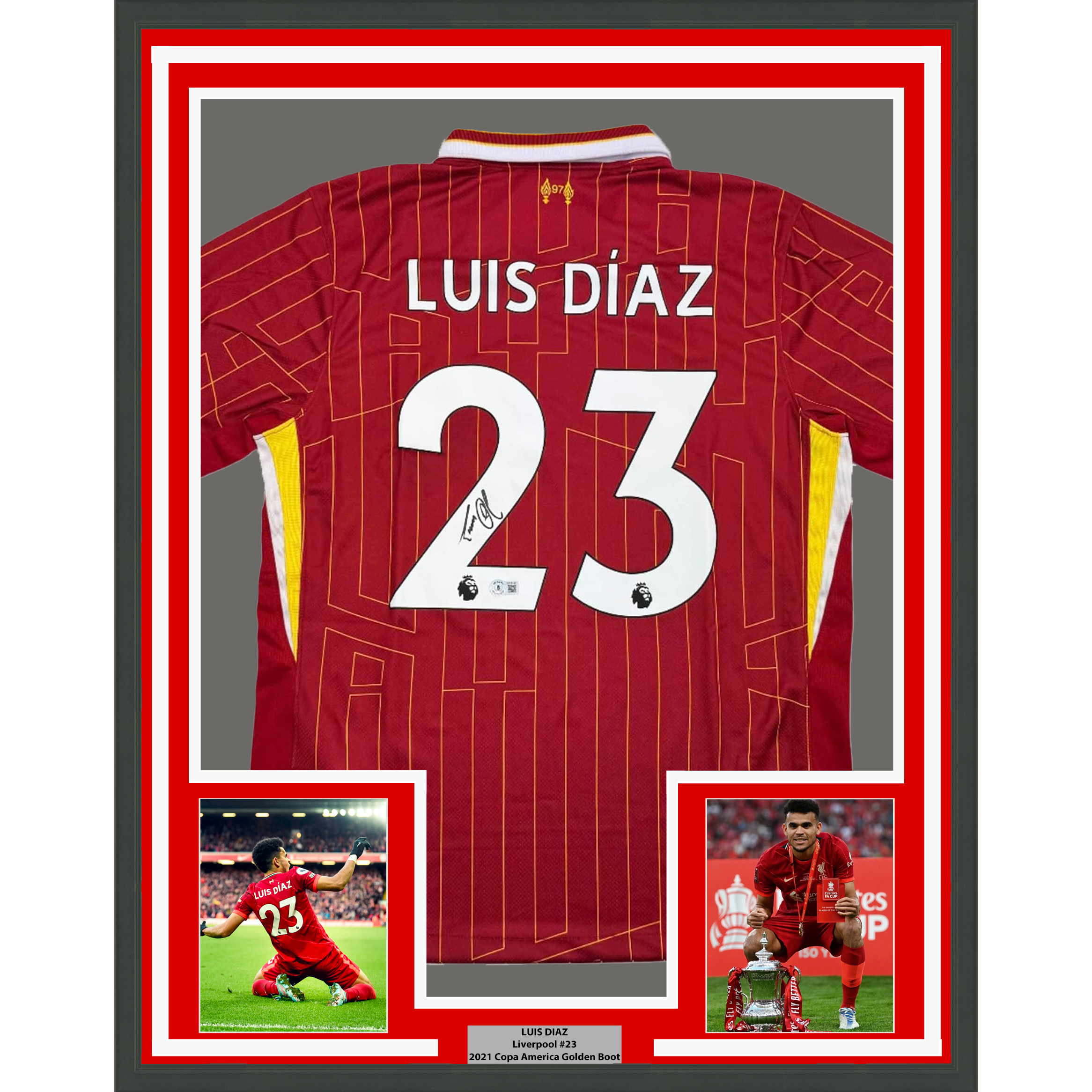Framed Autographed/Signed Luis Diaz 35x39 Liverpool Red Soccer Jersey Beckett BAS COA