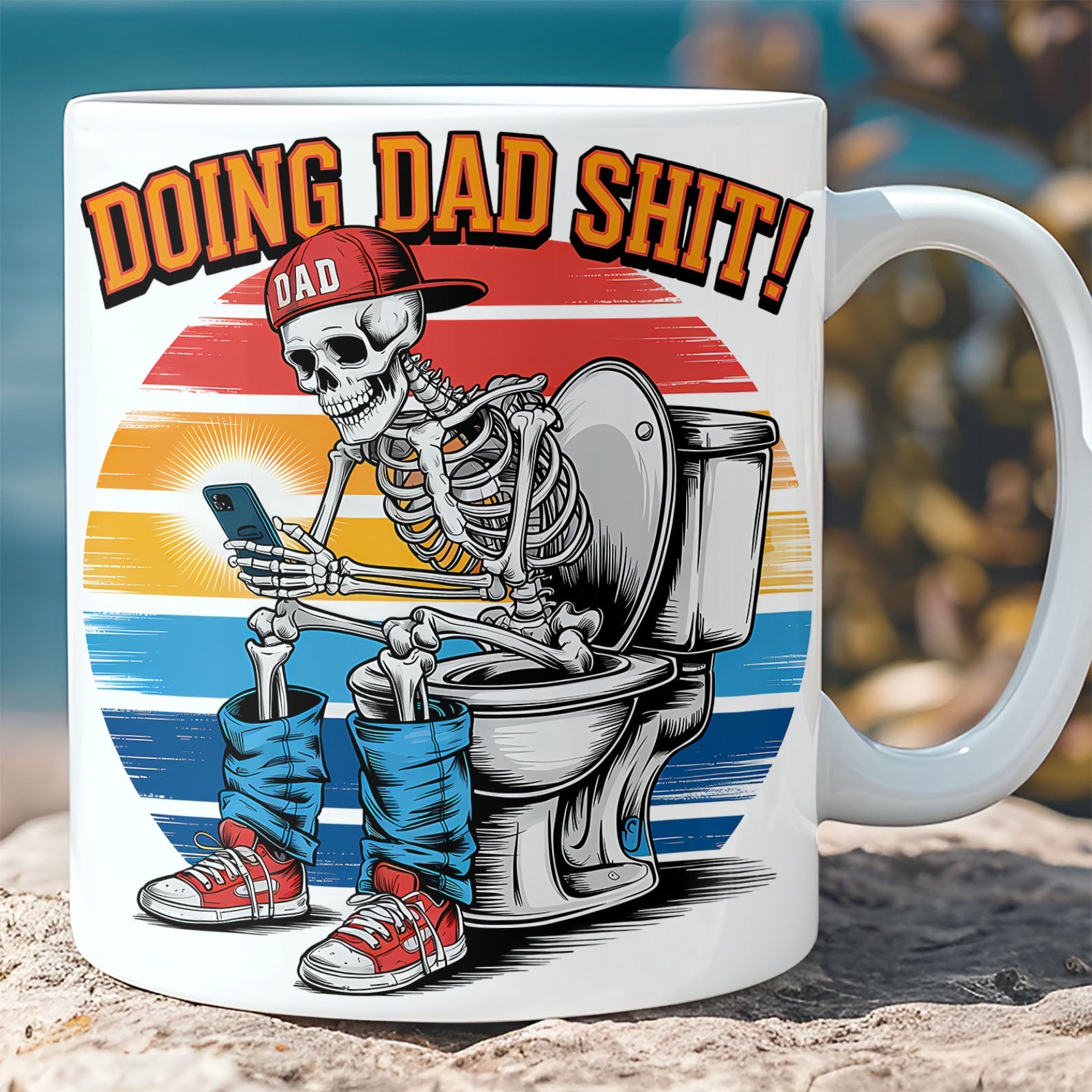 Doing Dad Shit Mug | Funny Skeleton Toilet Coffee Cup for Dad | Retro Father&amp;#39;s Day Gift for Men, Husband, or New Dad 682261