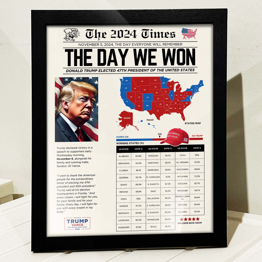 Newspaper US Elections Picture Frame, Save The Date Newspaper, Trump Won, US Election 2024, Donald Trump President, Make America Great Again 682007- GOP