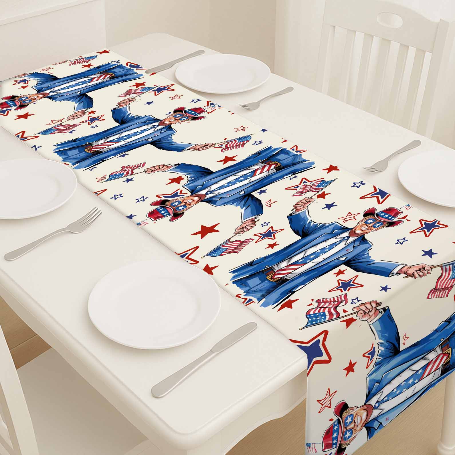 Trump Cowboy Table Runner | Trump Holding Flag 4th Of July | Independence Day Table Runner For Kitchen 682350 - GOP