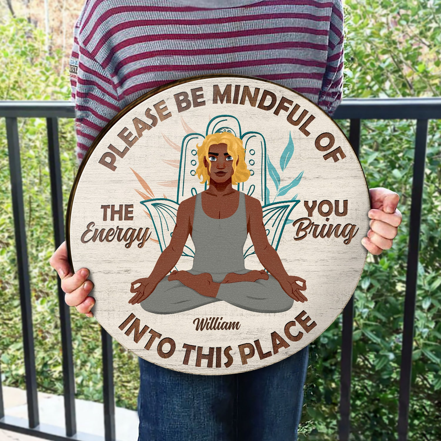 Please Be Mindful - Personalized Round Wood Sign - Gift For Yoga Lovers, Mental Health Gifts