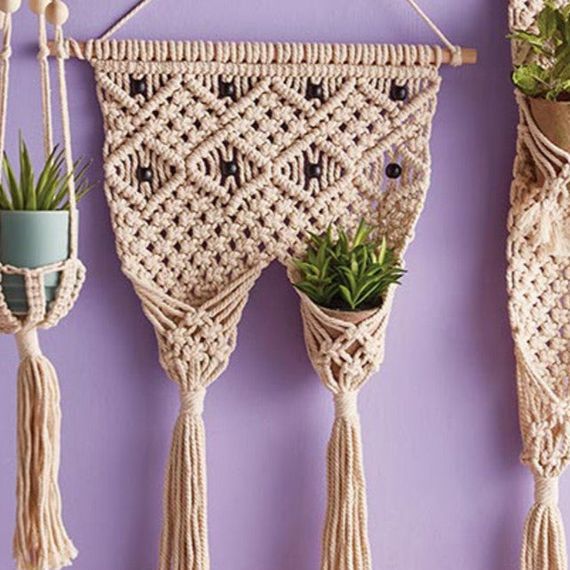 Macrame Two Pocket Plant Holder | Hanging Wall Flower Plant Hanger | 31&amp;quot; x 17&amp;quot;