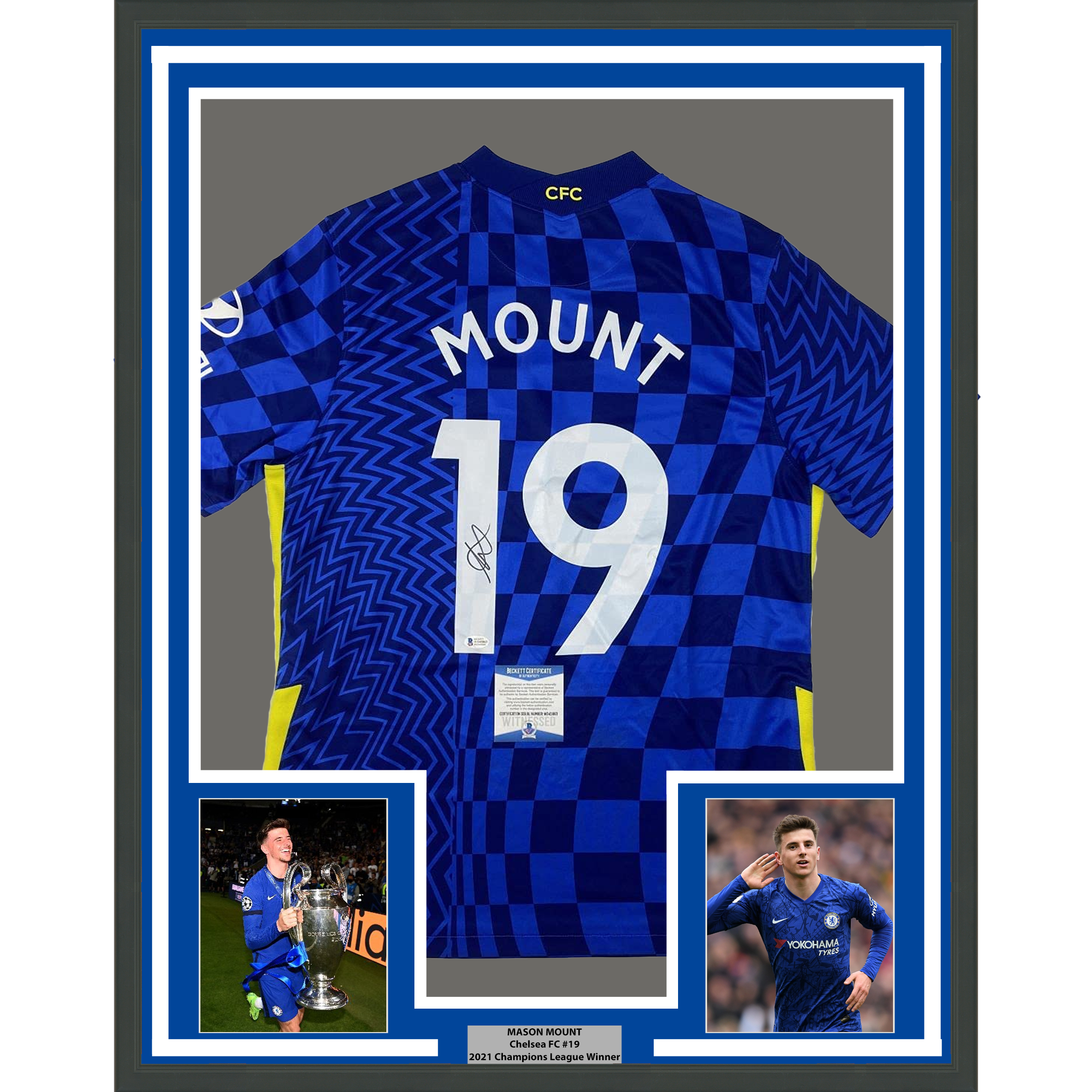 Framed Autographed/Signed Mason Mount 35x39 Chelsea FC Blue Soccer Futbol Jersey Beckett BAS COA