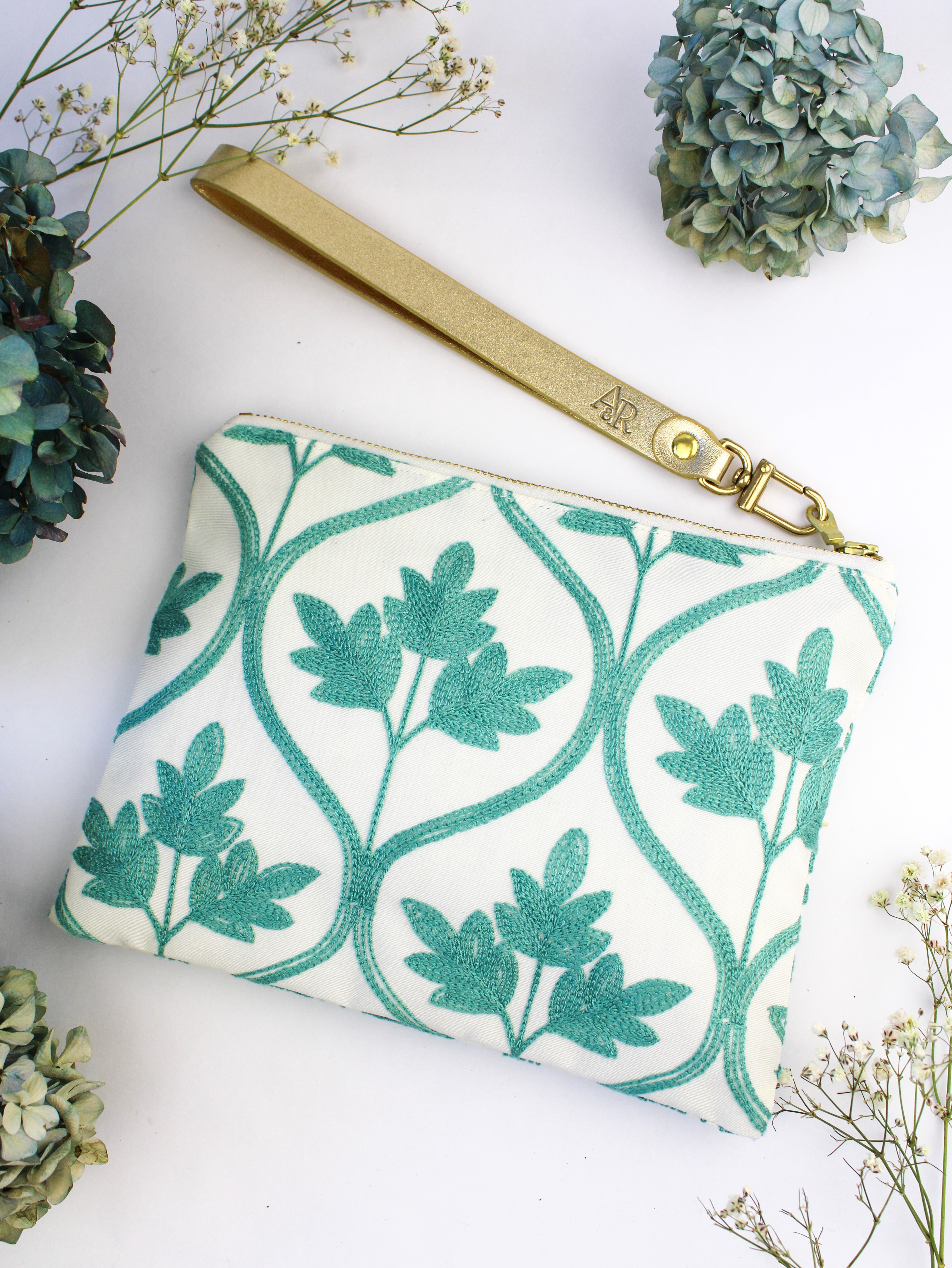 Mayfair Aqua Botanical Embroidered Wristlet Purse