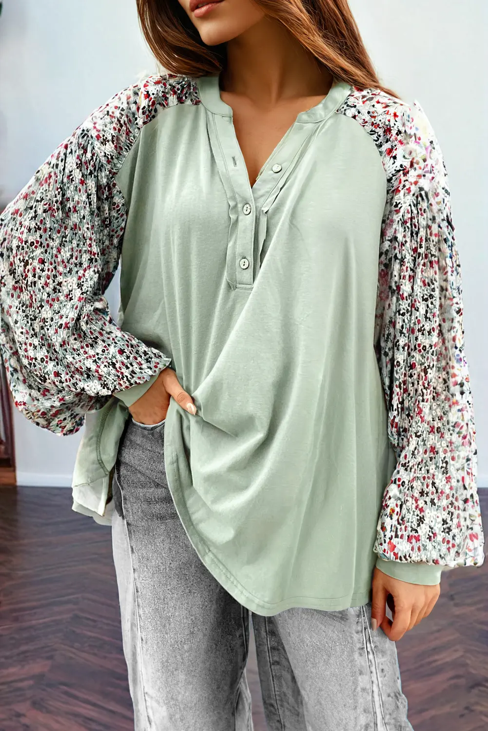 Love Salve Green Henley Top Women&amp;#39;s Fall Fashion Bubble Sleeve Slit Hem Casual Shirt