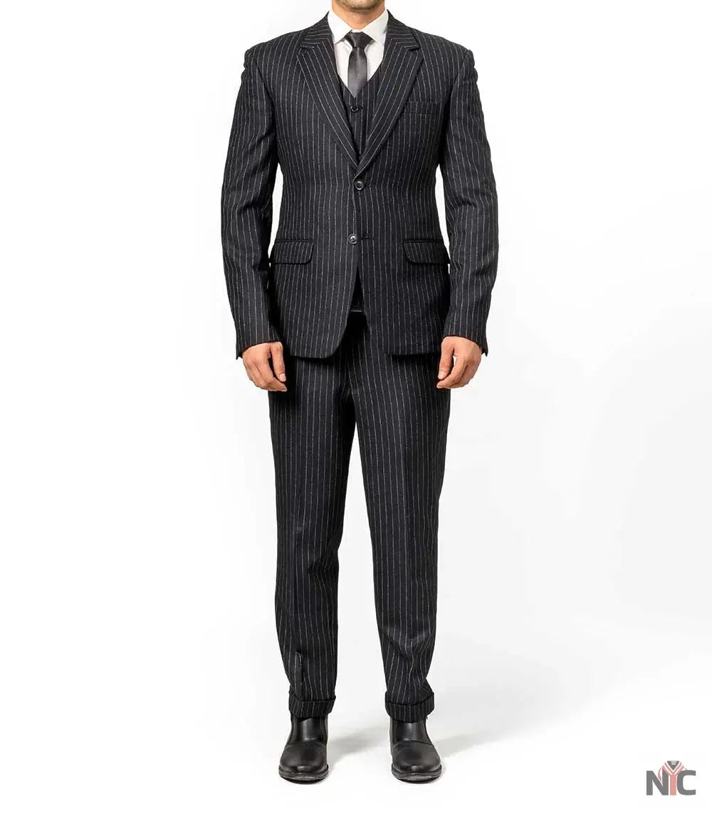 Men&amp;#39;s Black Pinstripe 3-Piece Suit – Thomas Peaky Style Formal Outfit