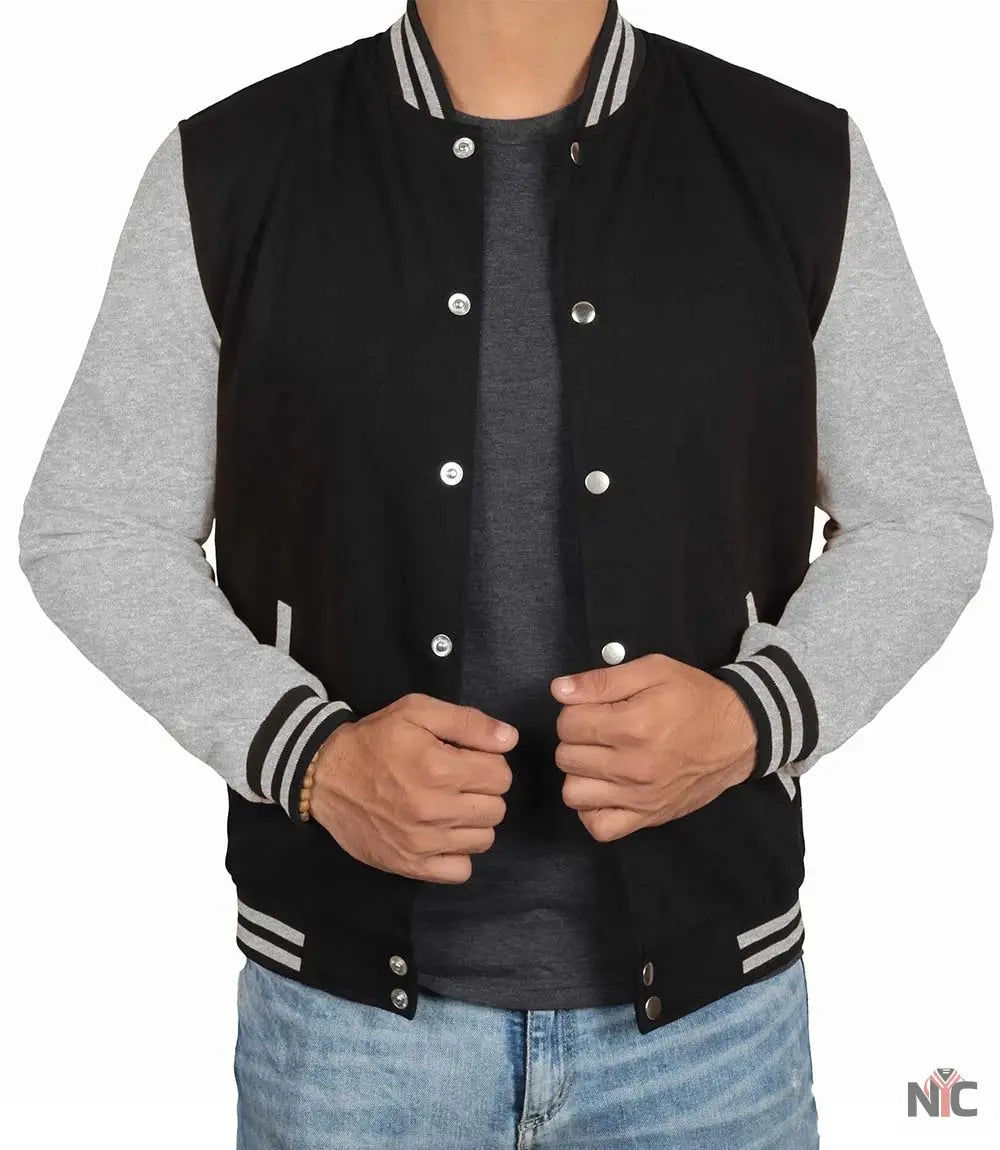 Men&amp;#39;s Black and Grey Varsity Bomber Jacket