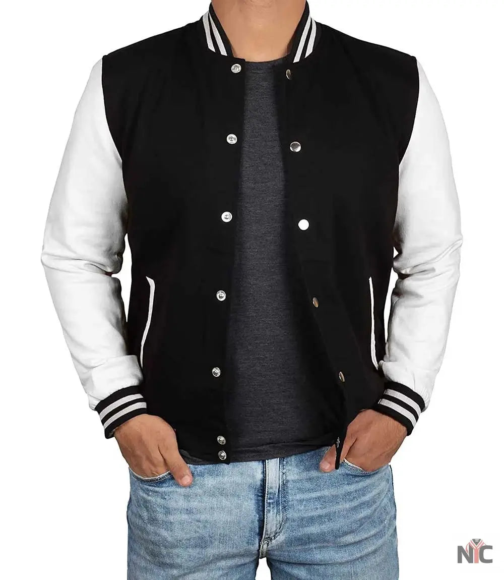 Men&amp;#39;s Black and White Varsity Jacket - College Baseball Style