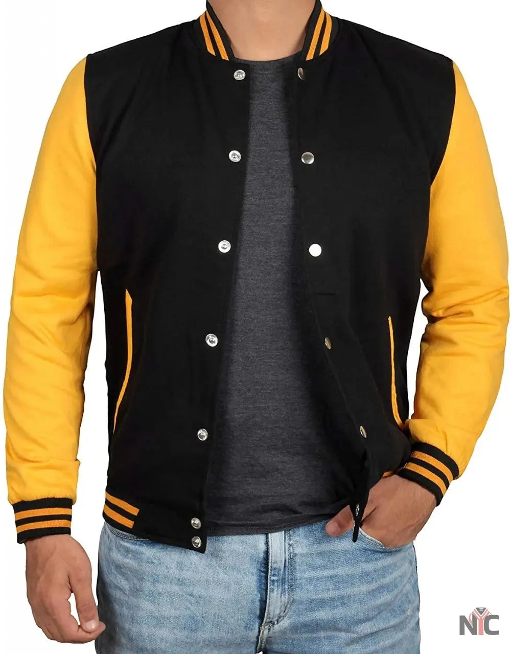 Men&amp;#39;s Black and Yellow Varsity Bomber Jacket - Baseball Letterman Style