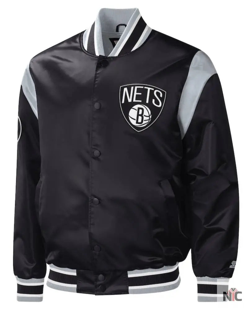 Men’s Brooklyn Nets Starter Black Force Play Satin Full-Snap Varsity Jacket