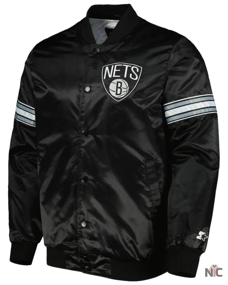 Men’s Brooklyn Nets Starter Black Pick &amp;amp; Roll Satin Full-Snap Varsity Jacket