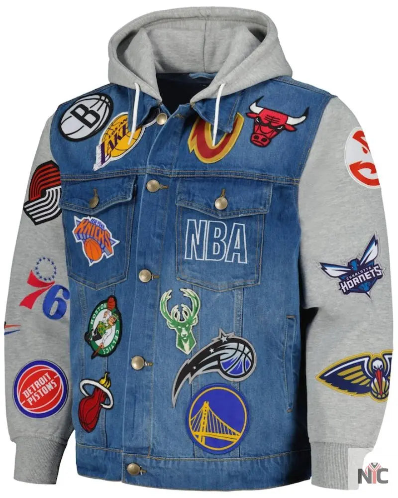 Men’s FISLL Blue/Gray NBA All Teams Full-Button Hoodie Denim Jacket