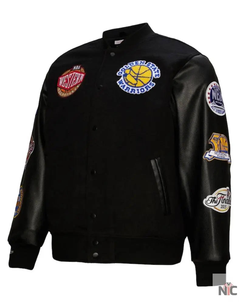 Men’s Golden State Warriors Mitchell &amp;amp; Ness Black Hardwood Classics Blackout Collection Full-Snap Varsity Jacket