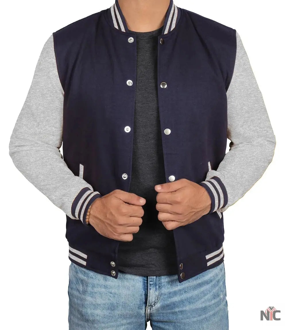 Men&amp;#39;s Grey and Blue Varsity Jacket - Bomber Letterman Style