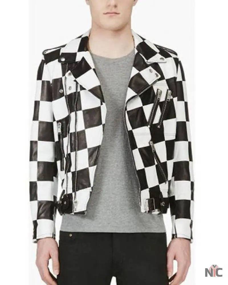 Men’s Motorcycle Checkerboard Leather Jacket