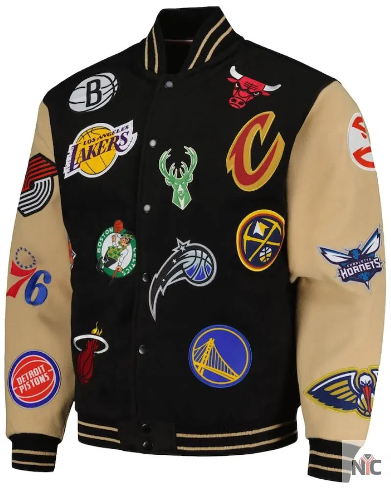 Men’s NBA FISLL Black/Khaki All Logo Aviator Wool Varsity Jacket