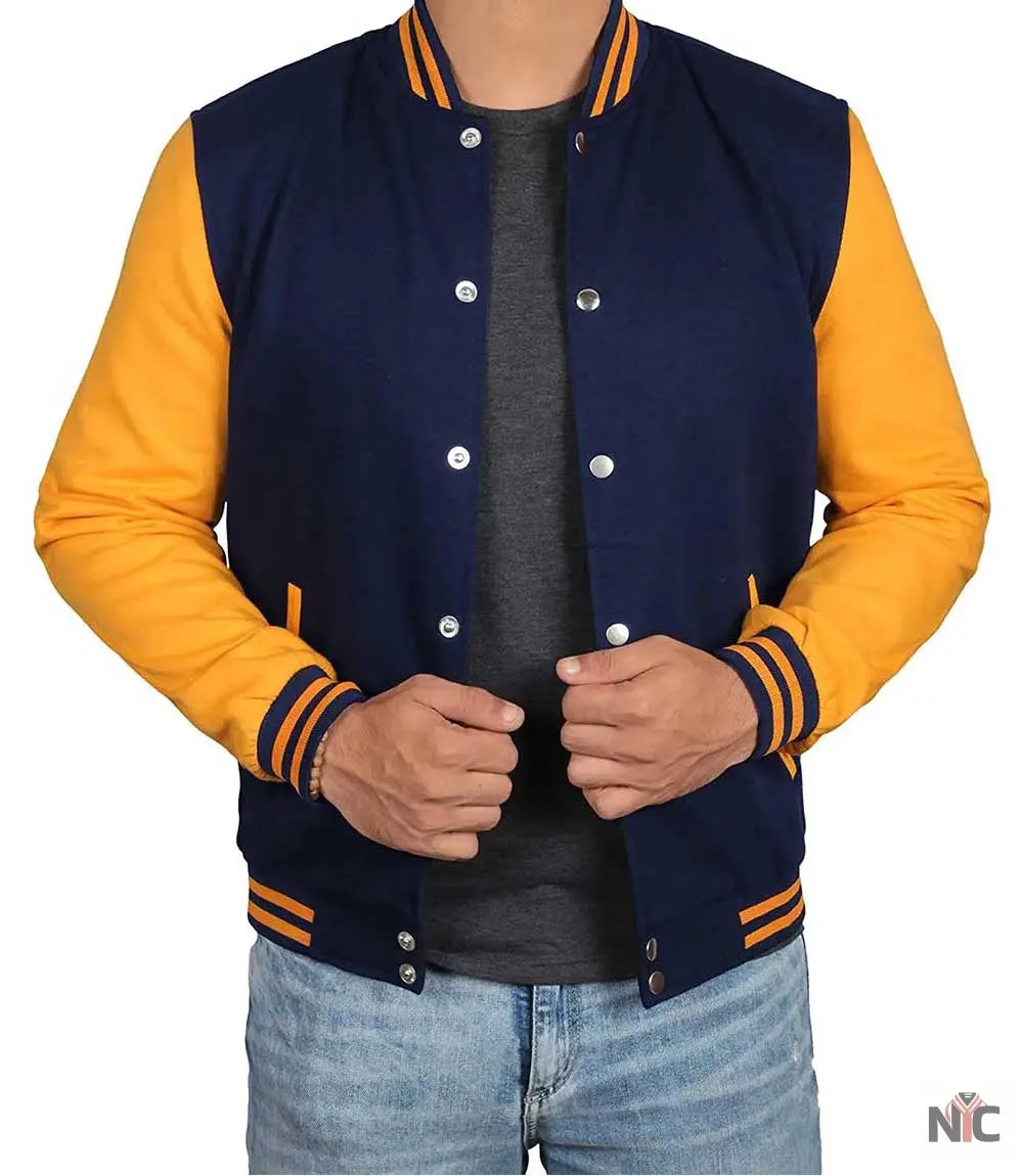 Men&amp;#39;s Navy Blue and Yellow Varsity Jacket | Baseball Letterman