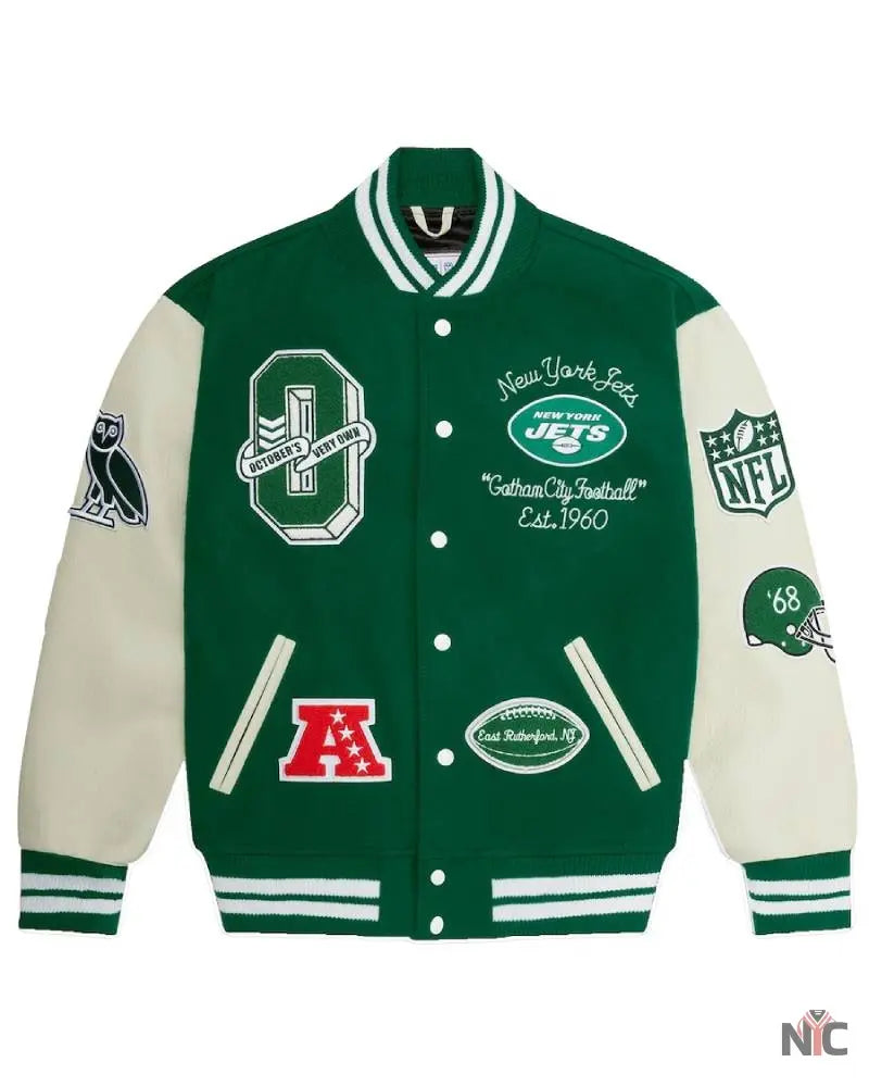 Men’s OVO x NFL Green New York Jets Full-Snap Varsity Jacket