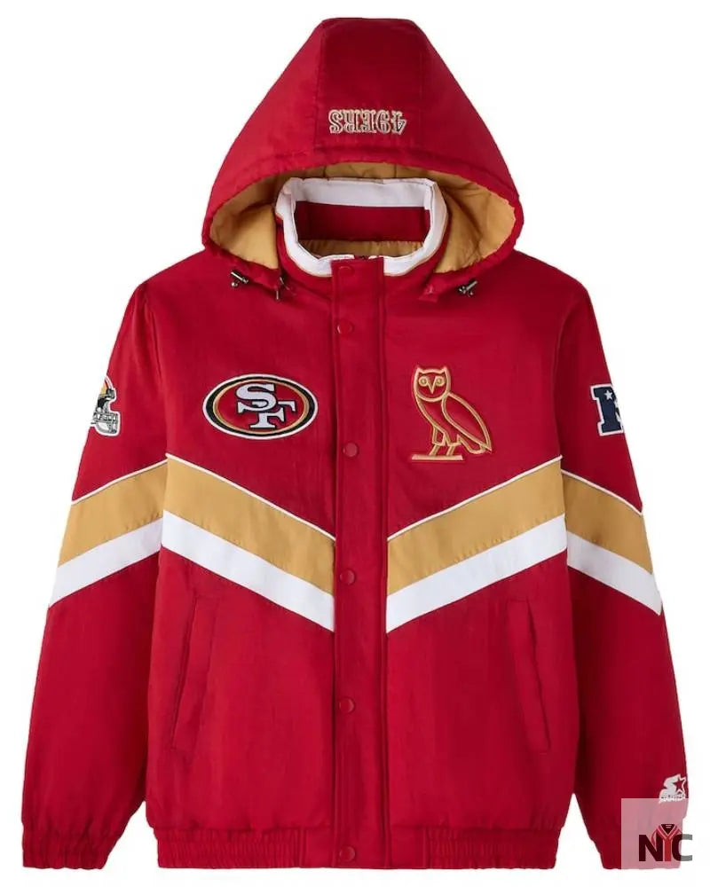 Men’s OVO x Starter Scarlet San Francisco 49ers Sideline Full-Snap Puffer Jacket