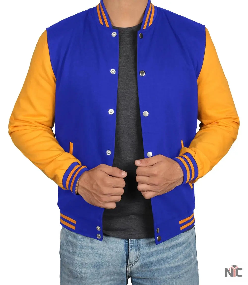 Men&amp;#39;s Plain Blue and Yellow Varsity Letterman Jacket