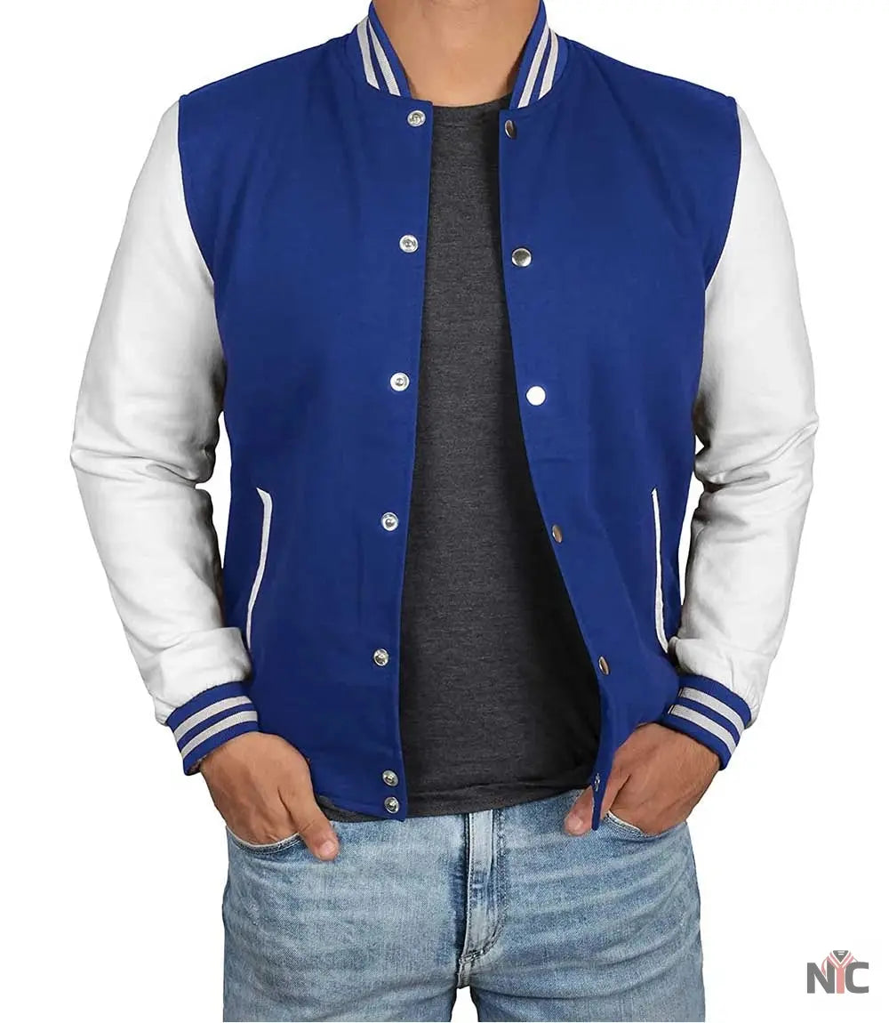 Men&amp;#39;s Royal Blue &amp;amp; White Varsity Jacket - Classic Baseball Bomber Style
