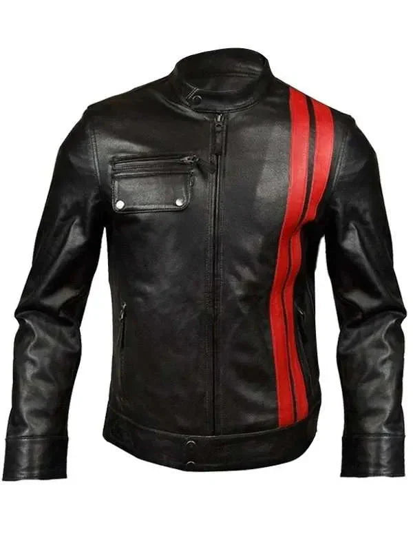 Men’s Black Classic Motorcycle Red Stripes Leather Jacket