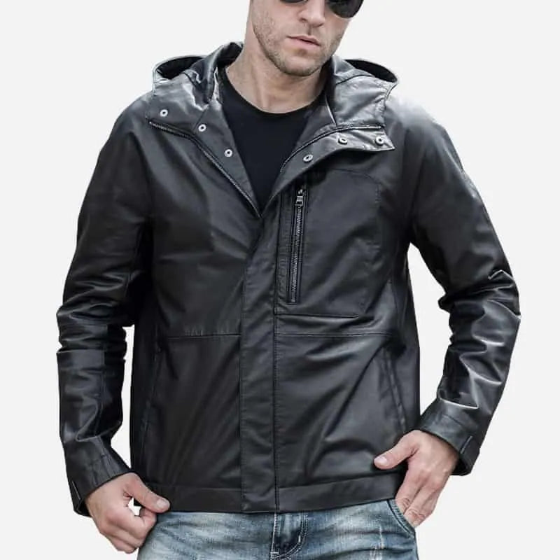 Men’s Black Cowhide Flavor Leather Jacket with Hood
