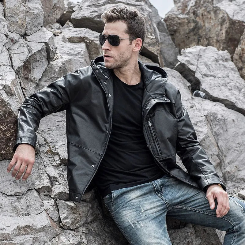 Men’s Black Cowhide Flavor Leather Jacket with Hood
