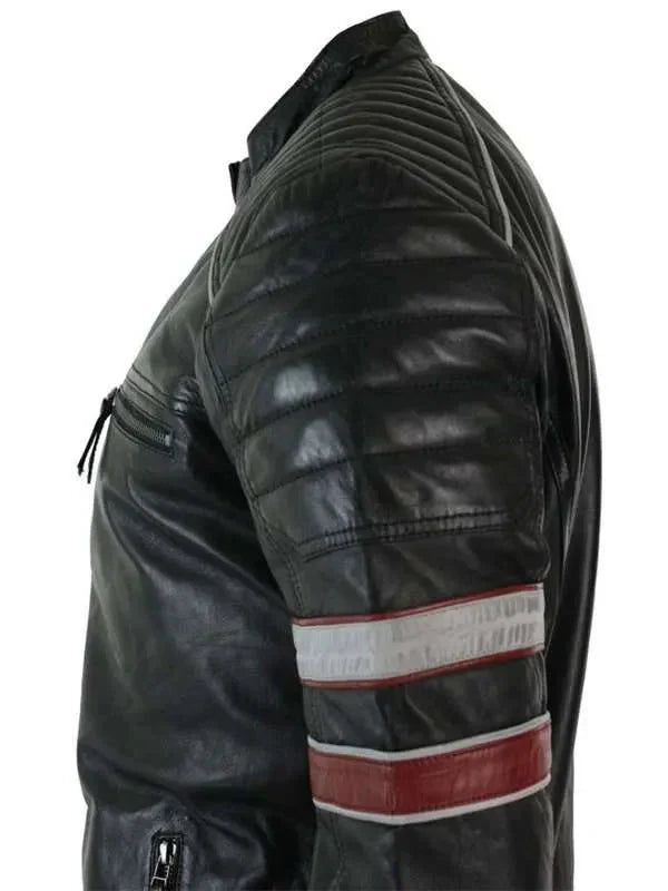 Men’s Black Red &amp; White Stripes Moto Leather Jacket