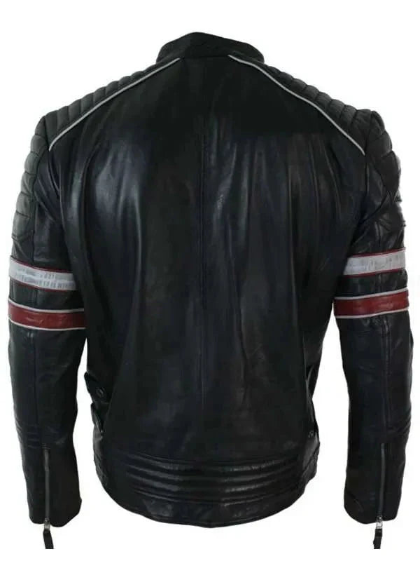 Men’s Black Red &amp; White Stripes Moto Leather Jacket