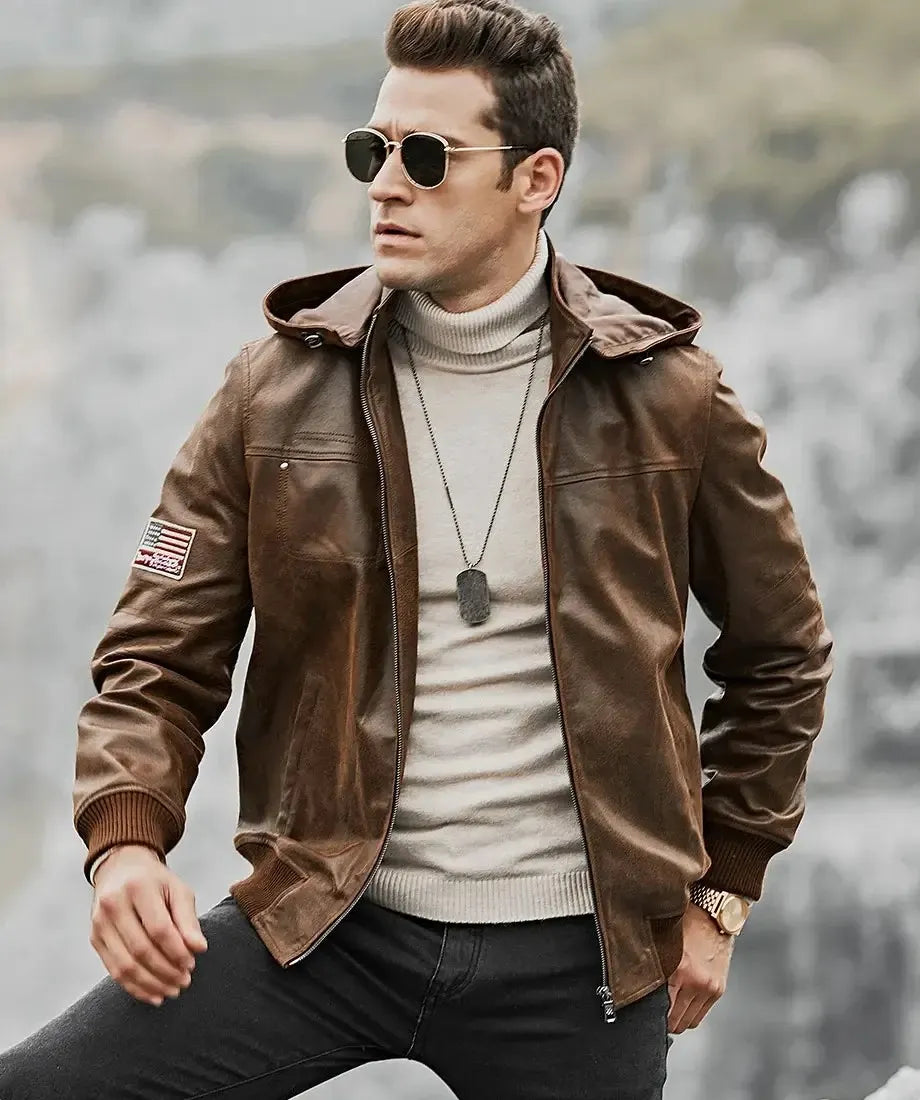 Men’s Brown Real Flavor Leather Jacket Removable Hooded