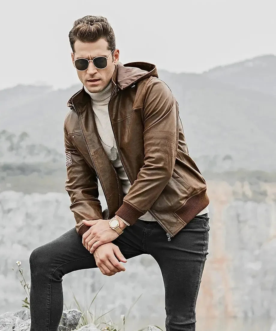 Men’s Brown Real Flavor Leather Jacket Removable Hooded
